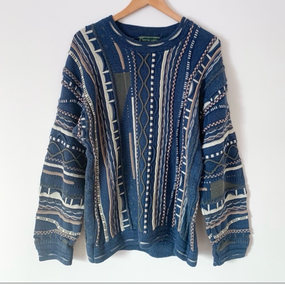 Croft & Barrow Coogie Blue Navy and Green Geometric Vintage Cosby Sweater
